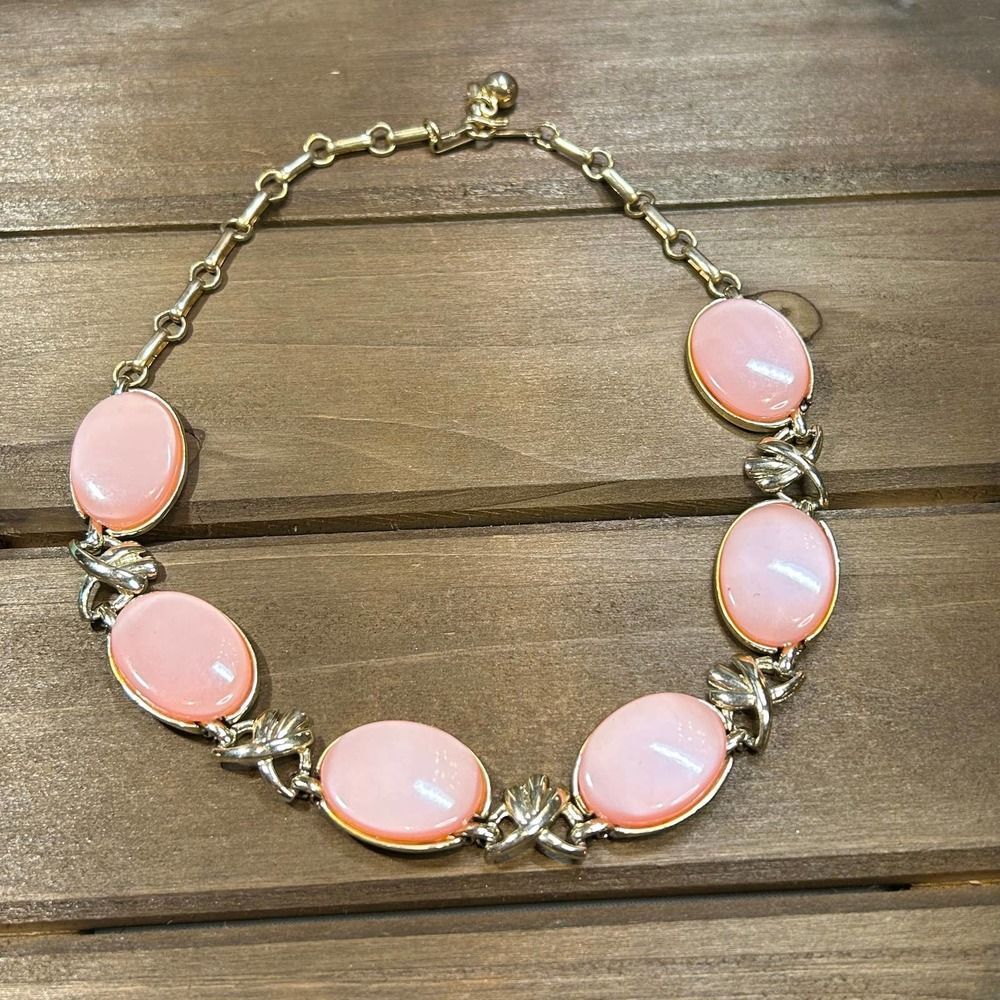 Vintage Coro Pink Thermoset Moonglow Necklace Gold Tone Choker 16”